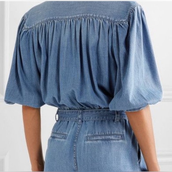 FRAME Cali Denim Romper Size S Blue Belted, Puff Sleeve, Button Front - Picture 4 of 11